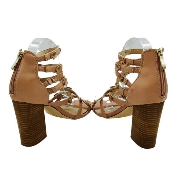 Nicole Miller Daisy Strappy Sandals Flower Embellishments 10 Block Heel Tan - Picture 6 of 12